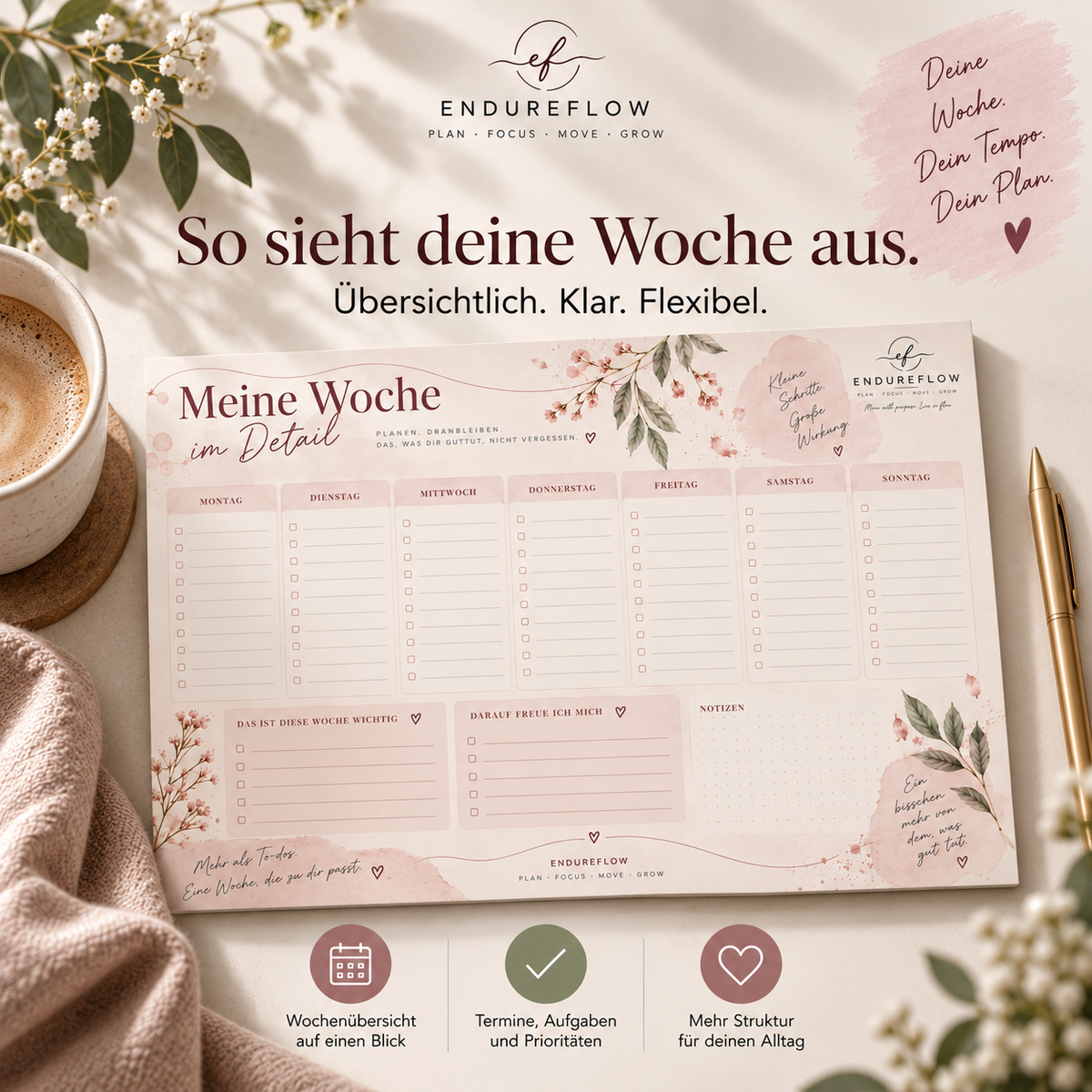 Wochenplaner zum Ausdrucken – detaillierte Wochenübersicht für Termine, Aufgaben und Prioritäten