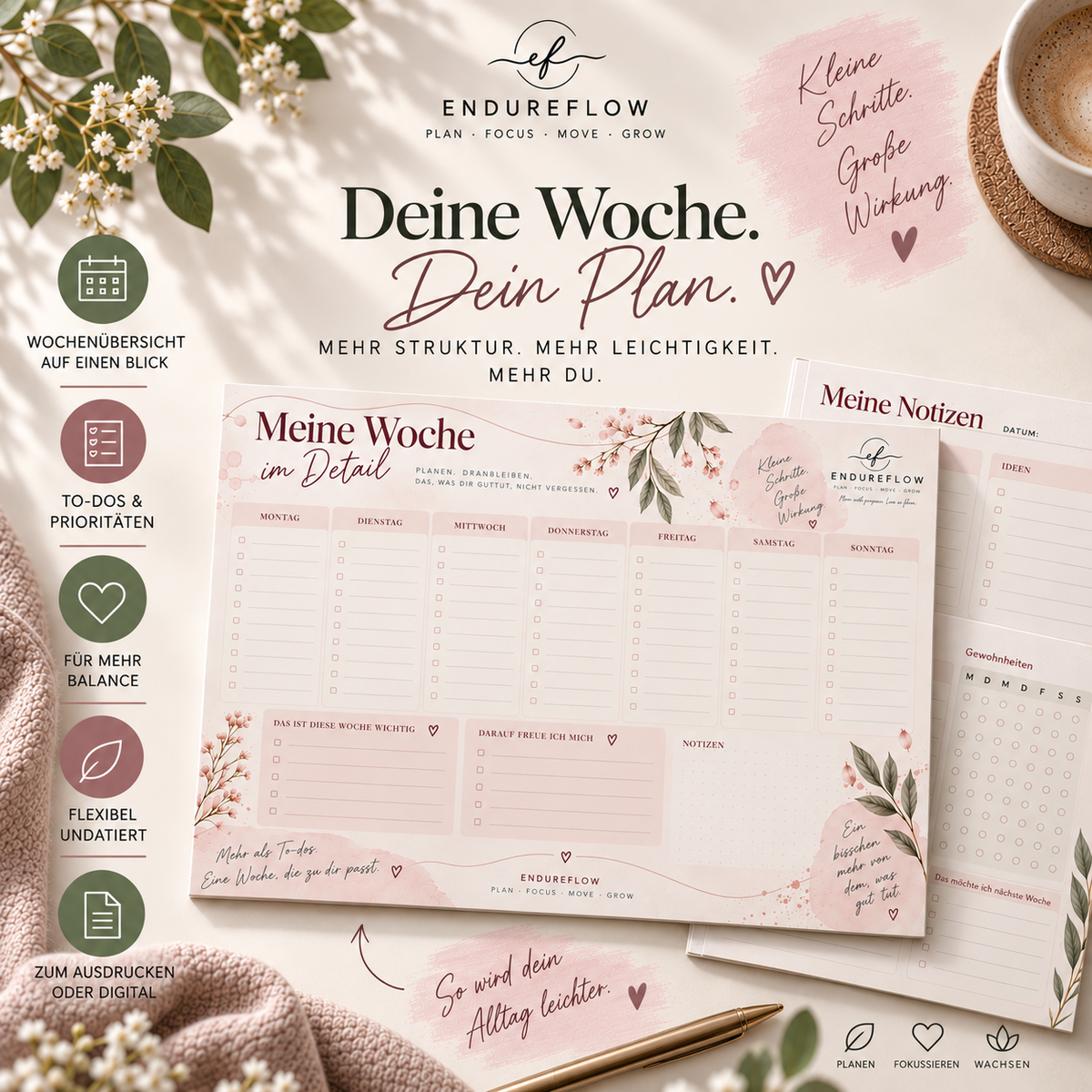 endureflow Wochenplaner – 14 Seiten, A4 Querformat, zum Ausdrucken und digital Ausfüllen